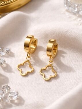 🎂Gold Clover Drop Hoop Earrings - Women Jewelry